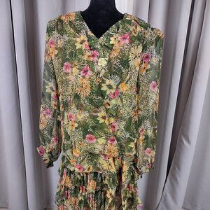 Jo Hanna York by Joan Davis Green Floral Print Skirt & Top 2Pc Set. Size 16